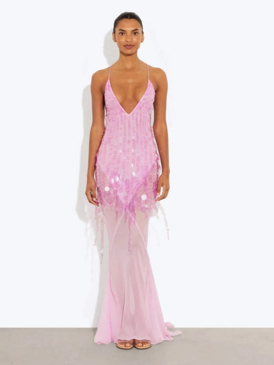 Liber Winter Women's Backless Splicing Deep V-neck Maxi Dresses