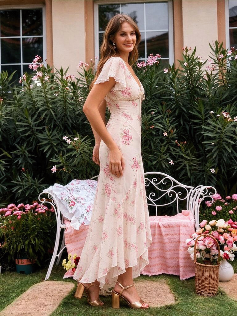 Romantic Floral Lace Patchwork Waist-cinching V-neck Fishtail Long Dress