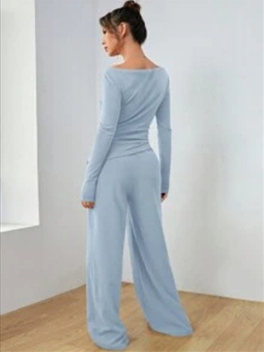 Pocket Solid Color Large Round Neck Long Sleeve Pants 2-piece Sets