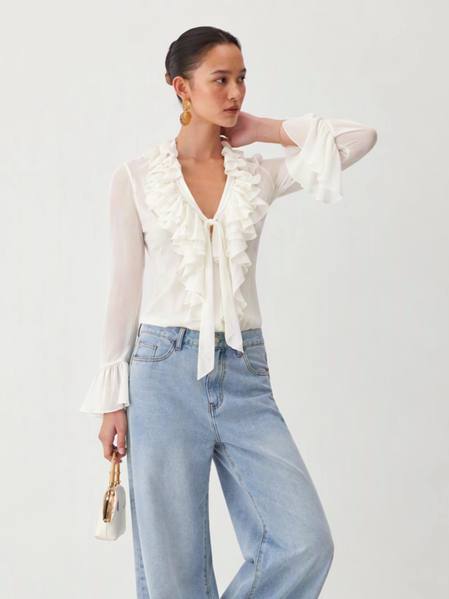 French Elegant Ruffles Solid Color Blouse&Shirts