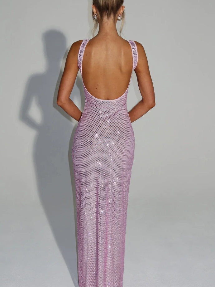 Sexy Double-strap Sequined Rhinestone Halter Top With Cinched Waist And Bodycon Silhouette Long Dress