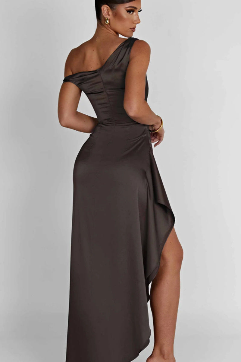 Asymmetrical Satin Shoulder Design With A Cinched Waist Solid Color Maxi Dresses
