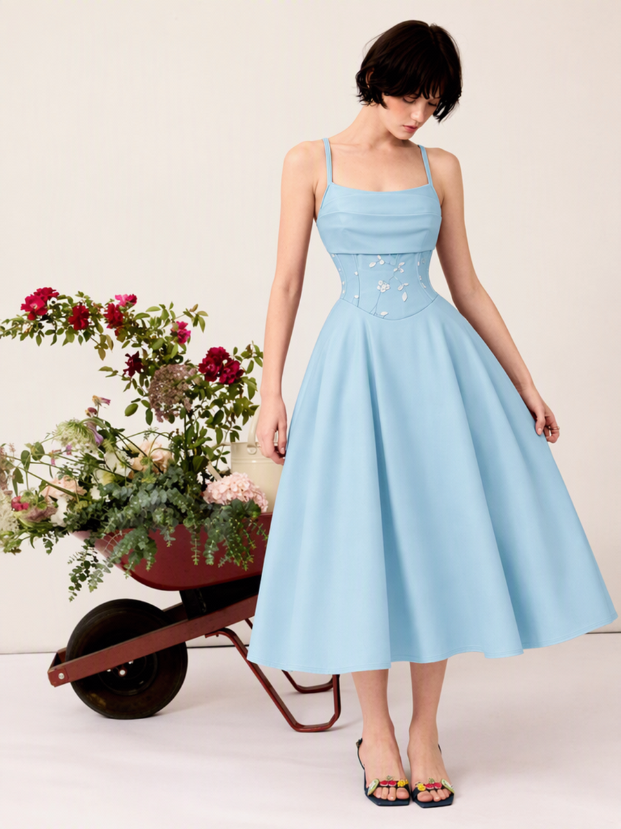 Sweet Romantic Blue Camisoles Applique 3D Flowers Waist Shaping Midi Dresses