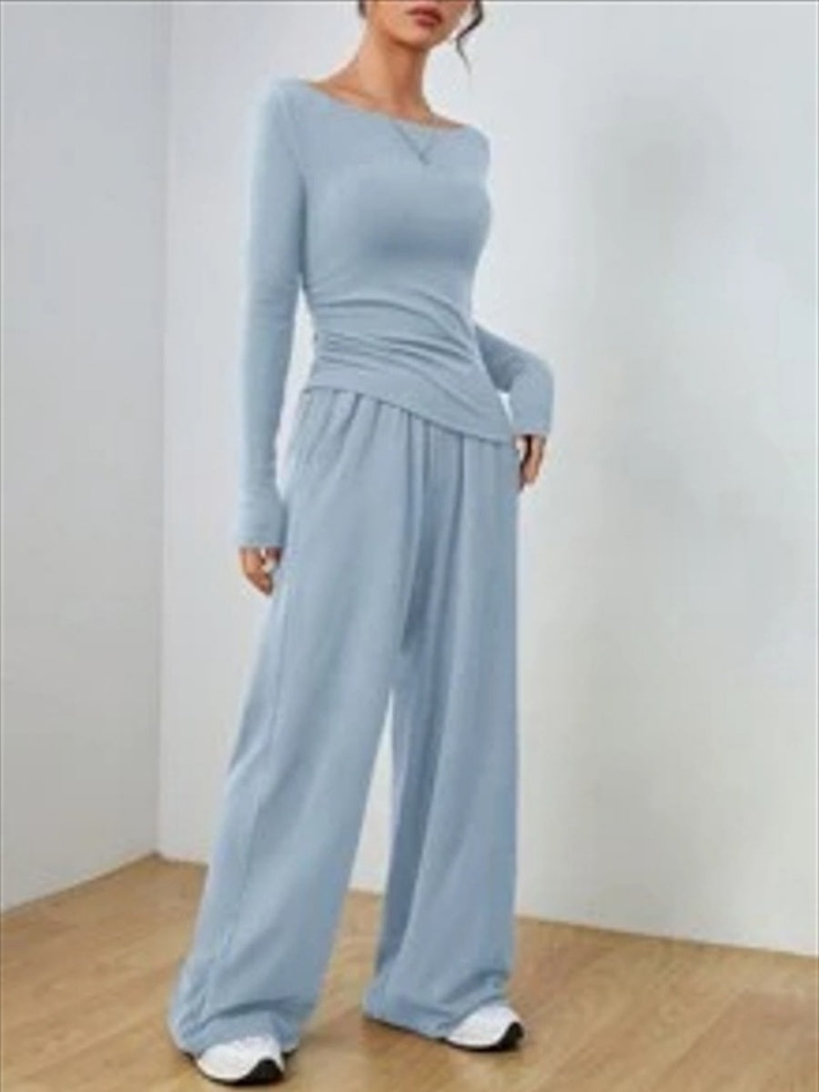 Pocket Solid Color Large Round Neck Long Sleeve Pants 2-piece Sets