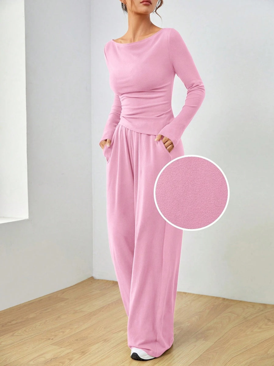 Pocket Solid Color Large Round Neck Long Sleeve Pants 2-piece Sets