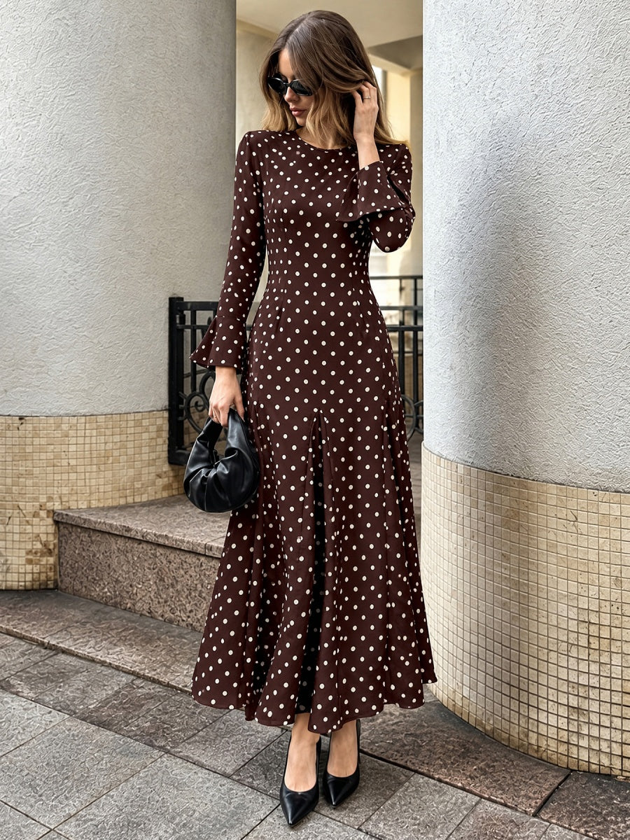 Mermaid Maxi Dress, New Autumn Style, Elegant And Suitable For Commuting, Fitted Waist, Flared Sleeves, Polka Dot. Maxi Dresses