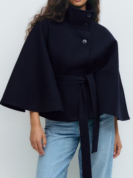Solid Color Cape With Stand Collar, Button Belt And Short Style Coats
