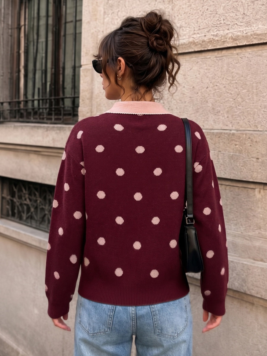 Polka Dot Color-blocked Collar Loose-fitting Short Sweater