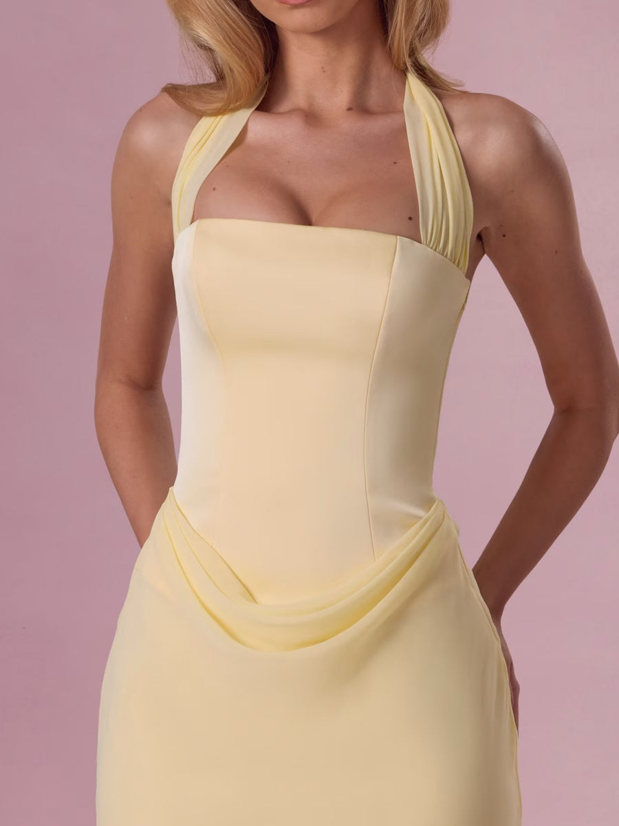 Halter Neck, Square Neck, Fitted Waist, Pleated Bodycon Chiffon Patchwork Mini&Short Dresses