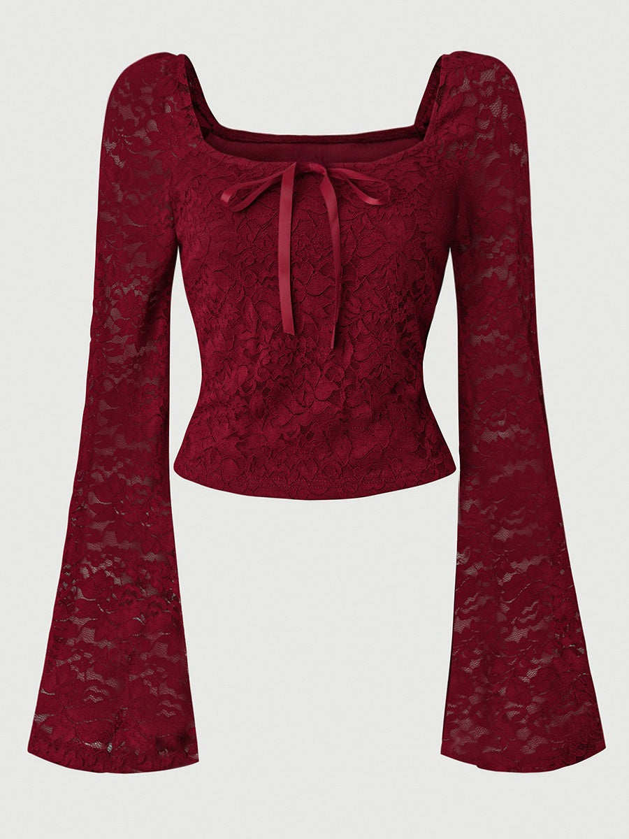 Lace Long Sleeves Straps Burgundy Fang Ling Splicing T-shirt