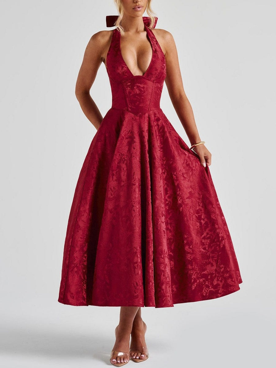 Halter Neck Jacquard Dress, High-end Evening Gown Elegant Sleeveless Backless Fitted Waist Midi Dress