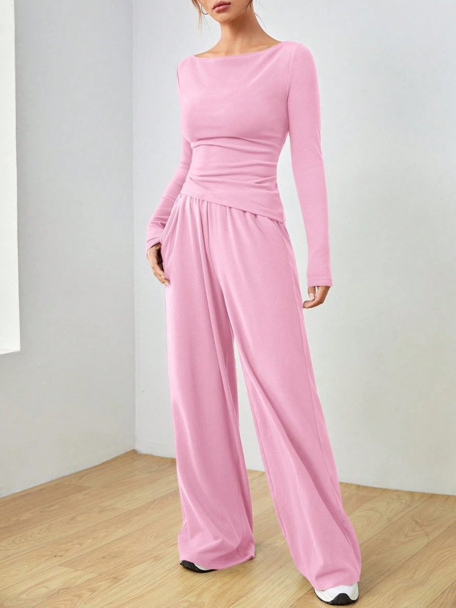 Pocket Solid Color Large Round Neck Long Sleeve Pants 2-piece Sets