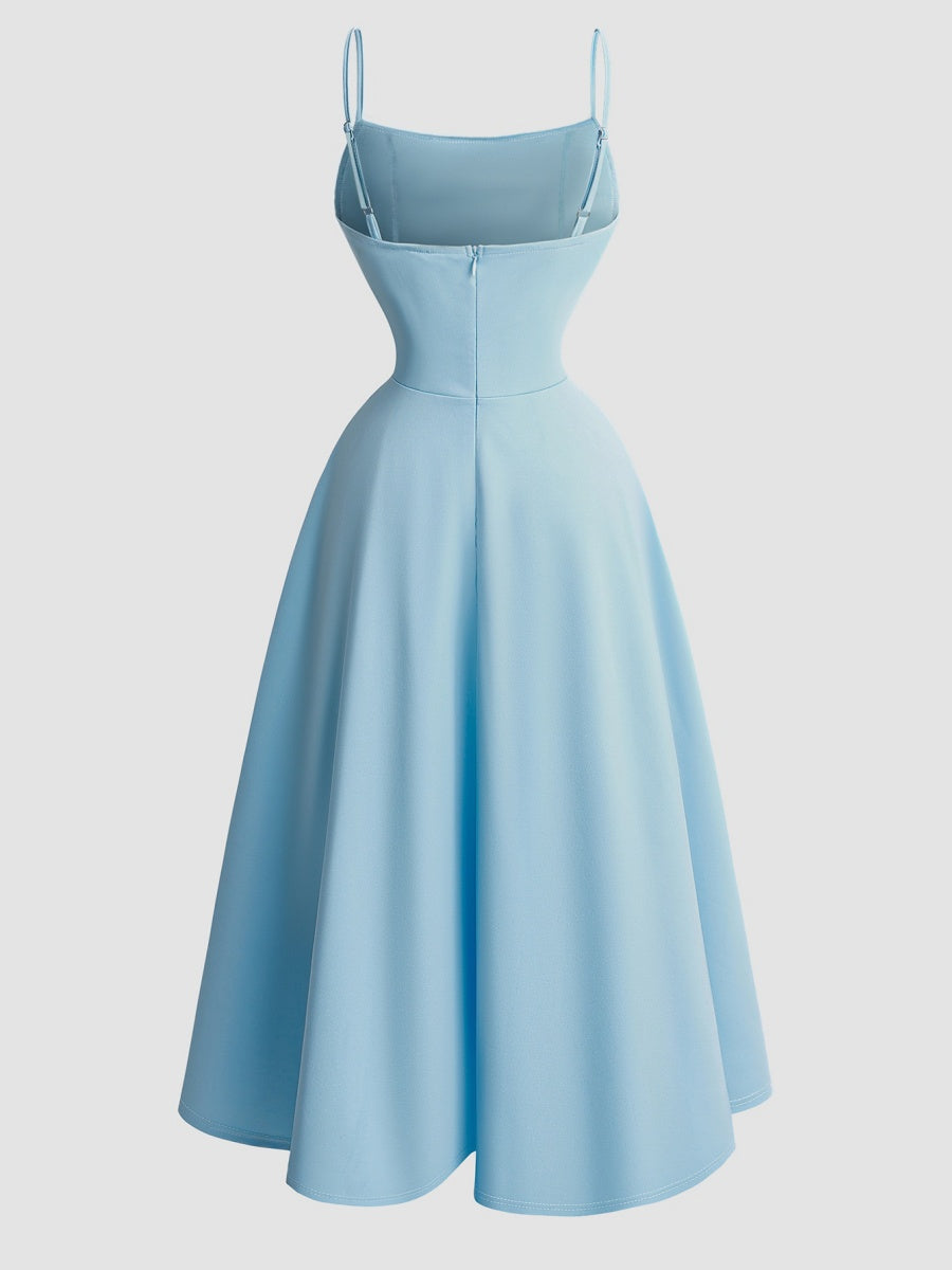 Sweet Romantic Blue Camisoles Applique 3D Flowers Waist Shaping Midi Dresses