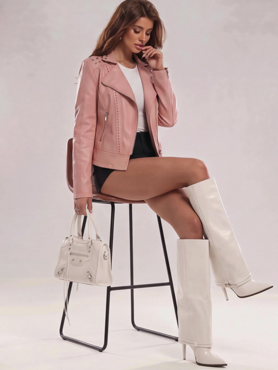 Cropped Zipper Pu Beading Jackets