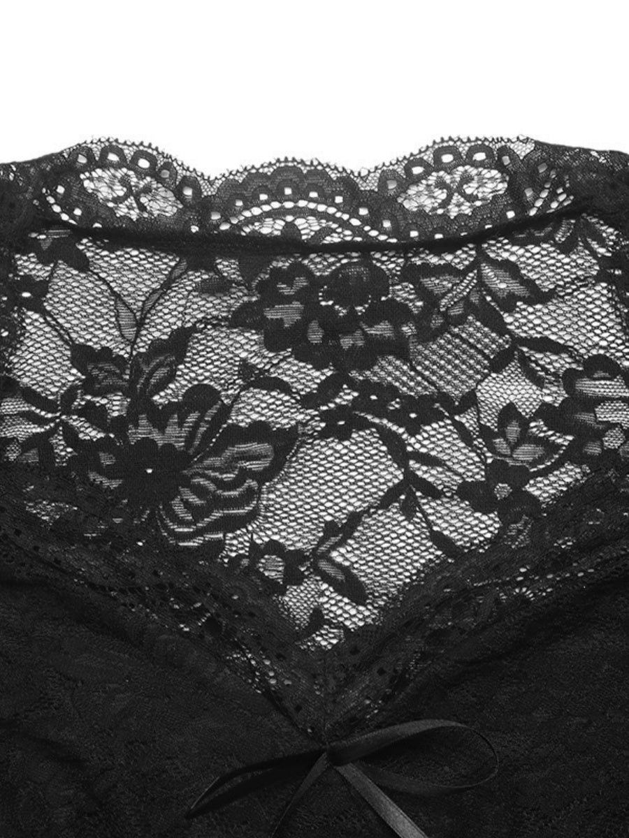 Black V-neck Long-sleeved Top With Lace Trim Jumpsuits&Bodysuits
