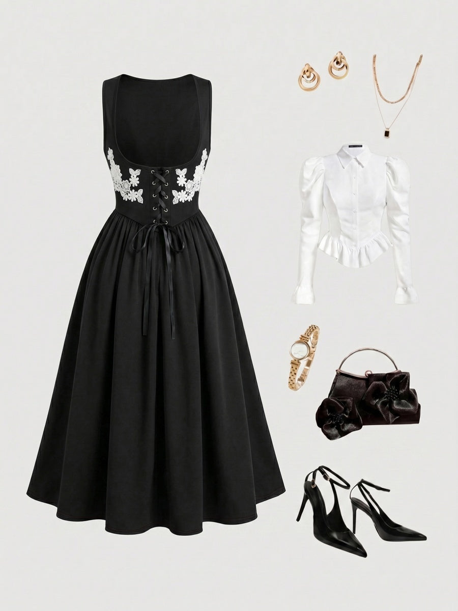 Straps Splicing Lace Sweet Retro Midi Dresses