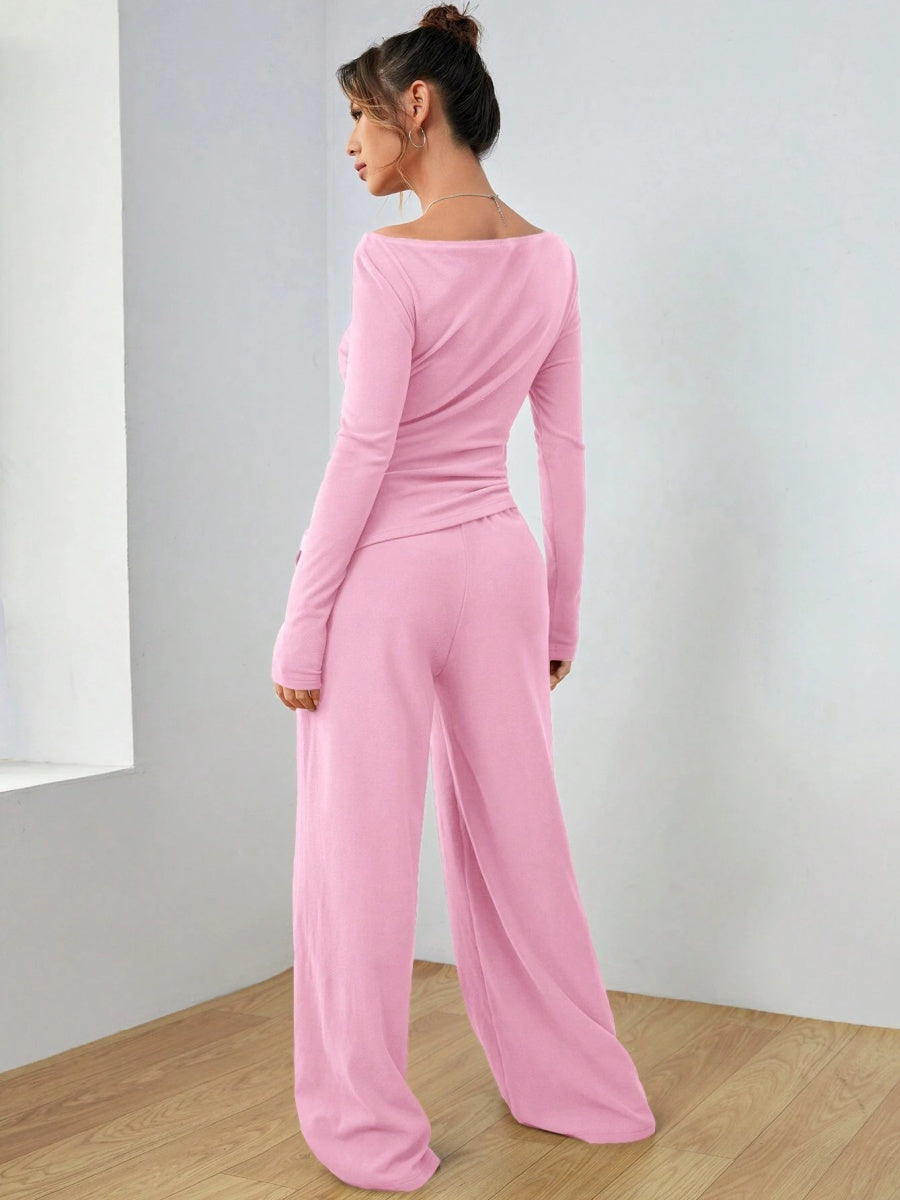 Pocket Solid Color Large Round Neck Long Sleeve Pants 2-piece Sets