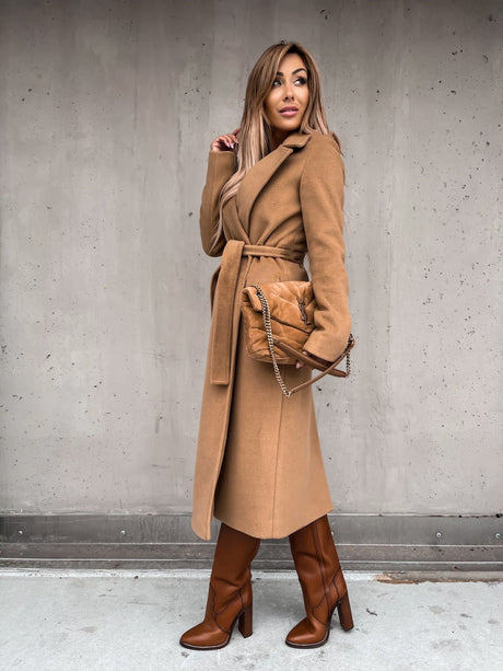 Solid Color Lapel Long Sleeve Woolen Simple Tie Coats