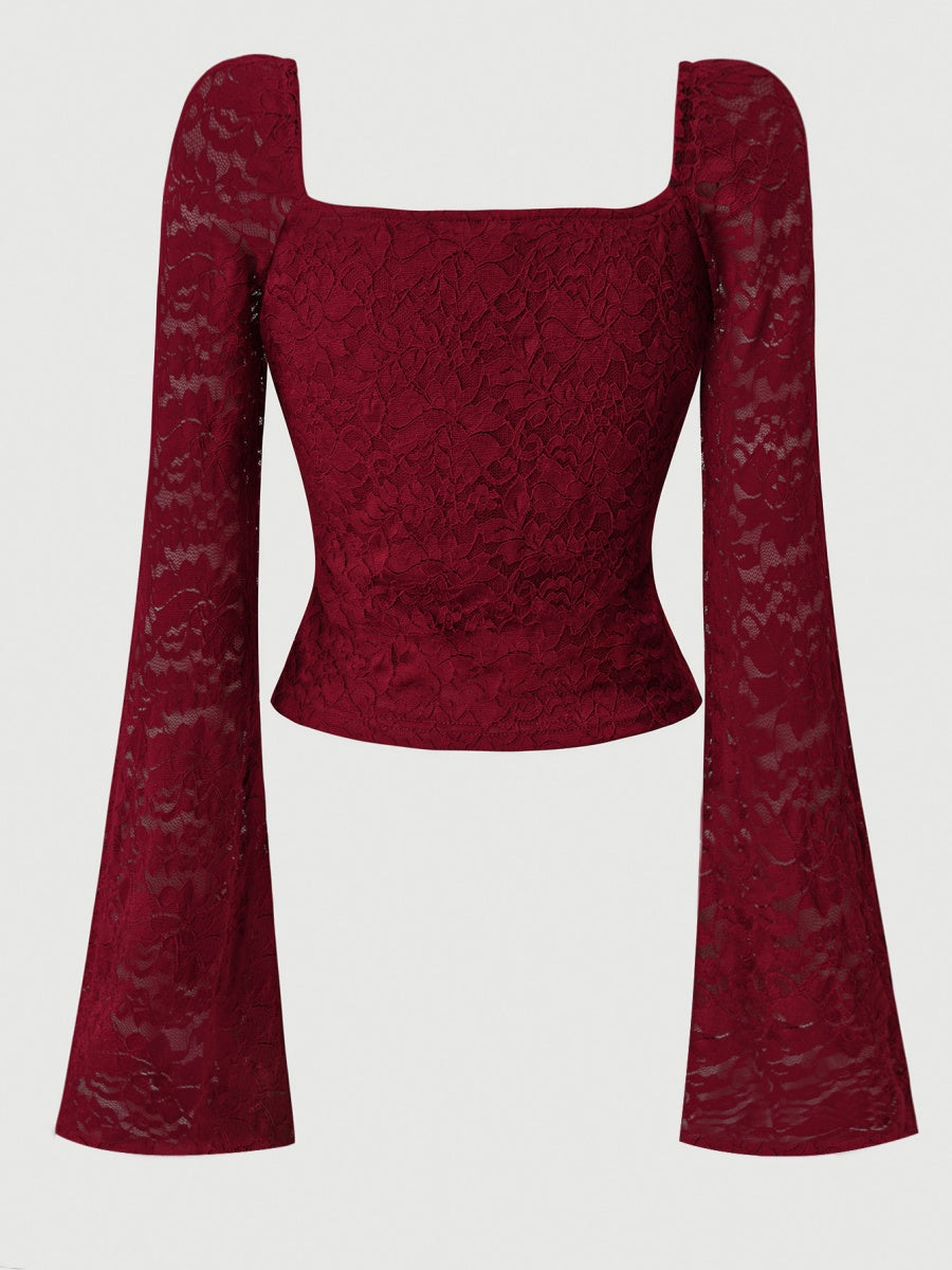 Lace Long Sleeves Straps Burgundy Fang Ling Splicing T-shirt
