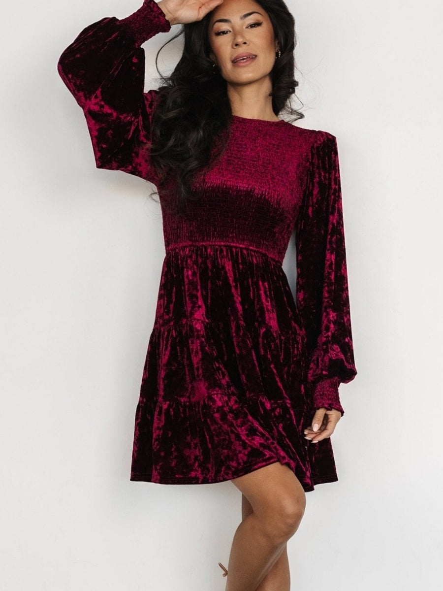 Ruffle Gathering Long Sleeve Velvet Mini&Short Dresses