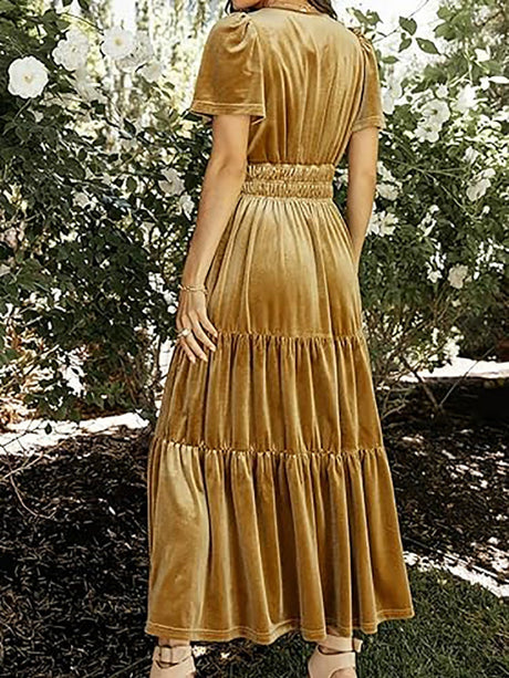 Splicing Short Sleeve Velvet Maxi Dresses