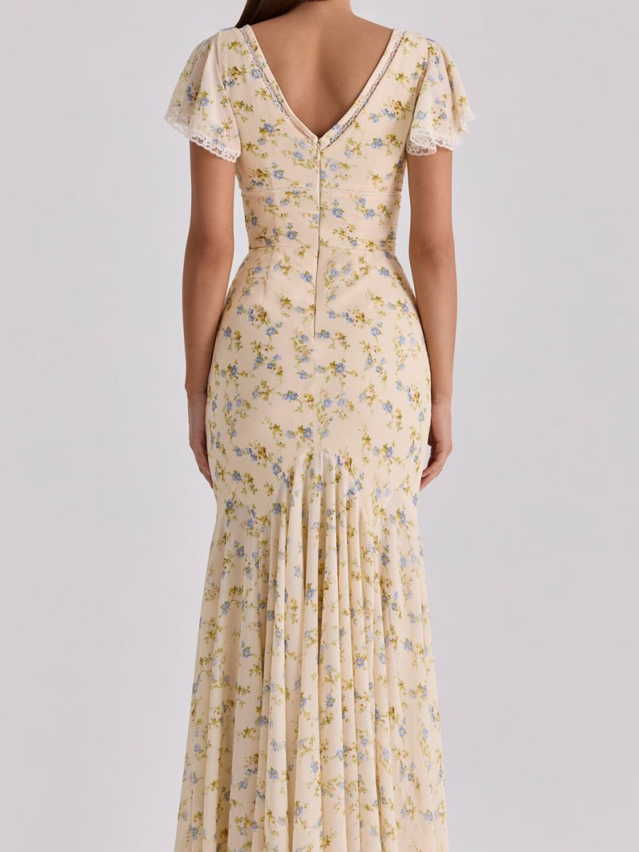 Romantic Floral Lace Patchwork Waist-cinching V-neck Fishtail Long Dress