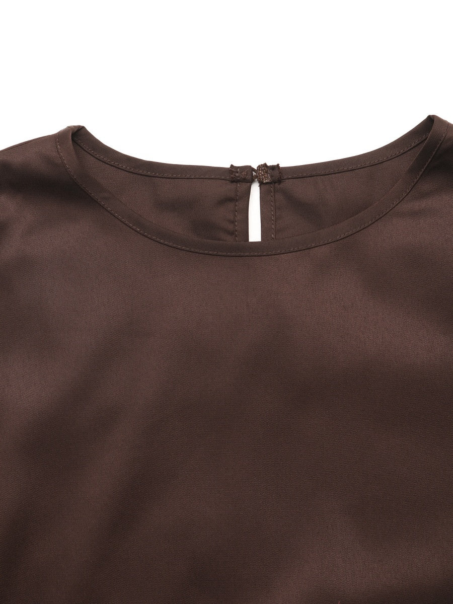 Irregularly Spliced Lace Trim Base Layer Flared Long Sleeve Tie Waist Hollowed-out Shirt T-shirt