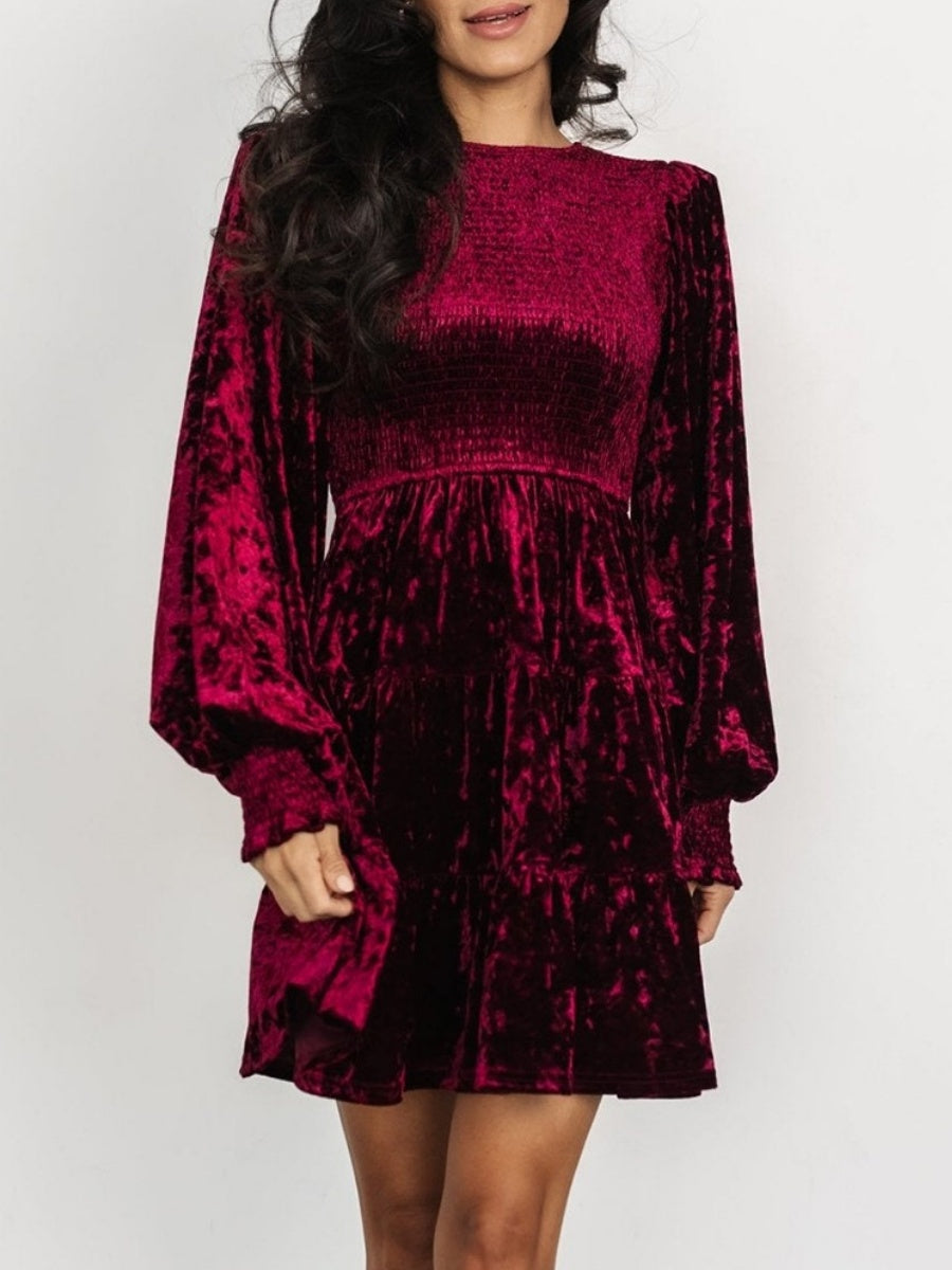 Ruffle Gathering Long Sleeve Velvet Mini&Short Dresses