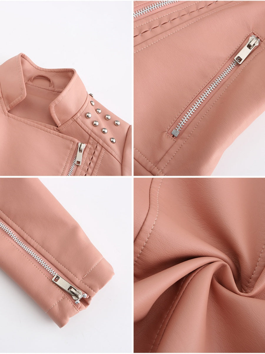 Cropped Zipper Pu Beading Jackets