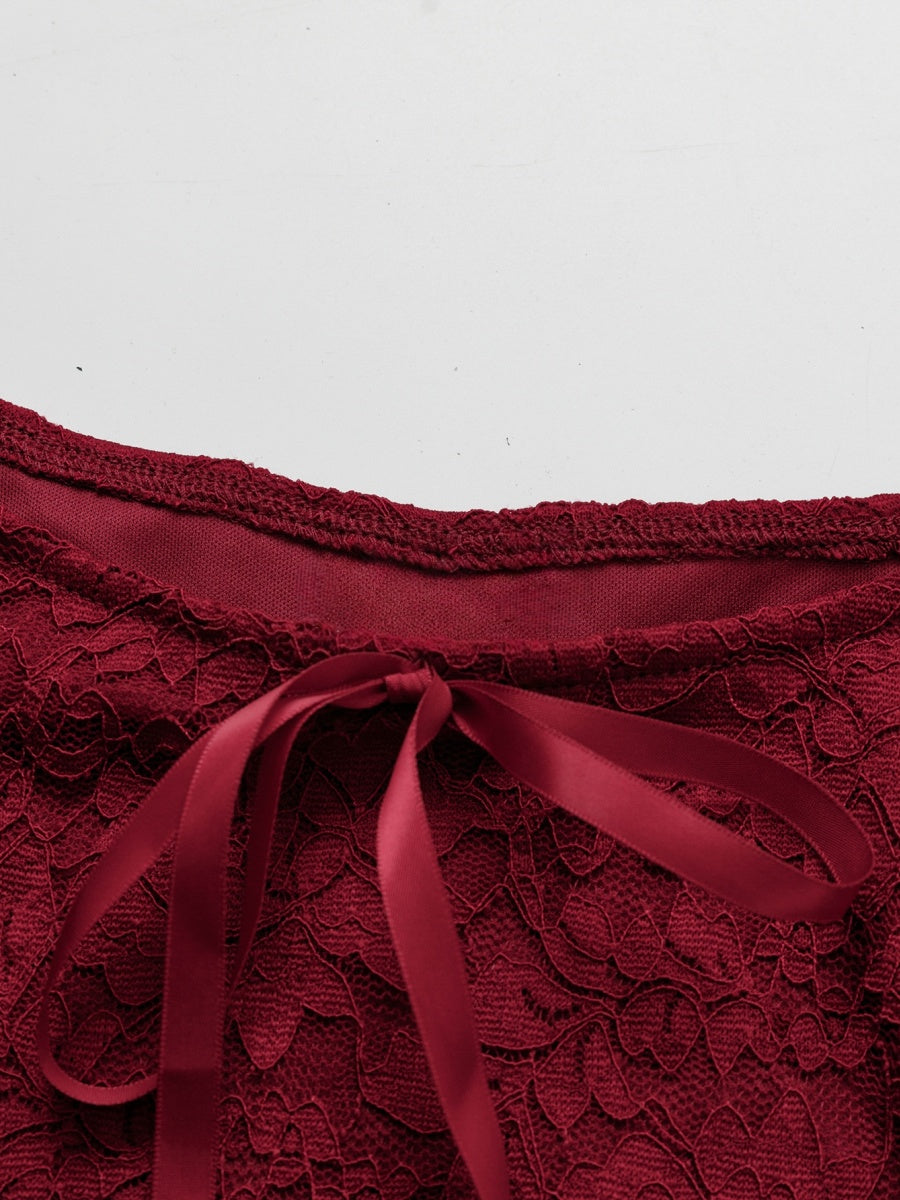 Lace Long Sleeves Straps Burgundy Fang Ling Splicing T-shirt