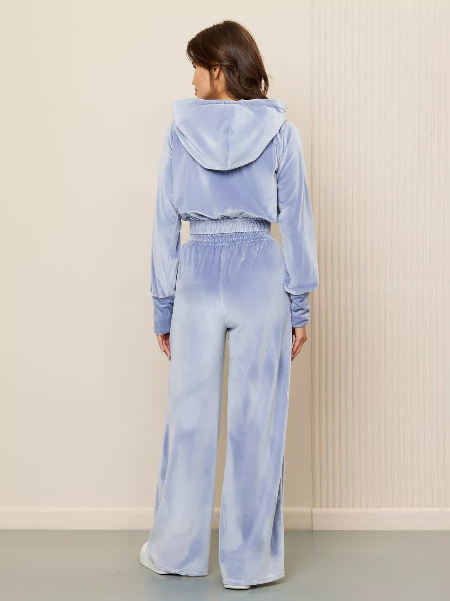 Velvet Zipper Cardigan, Silver Fox Fleece Sweatshirt, Lace-Up Pants 2-piece Sets
