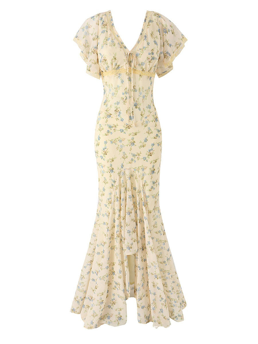Romantic Floral Lace Patchwork Waist-cinching V-neck Fishtail Long Dress