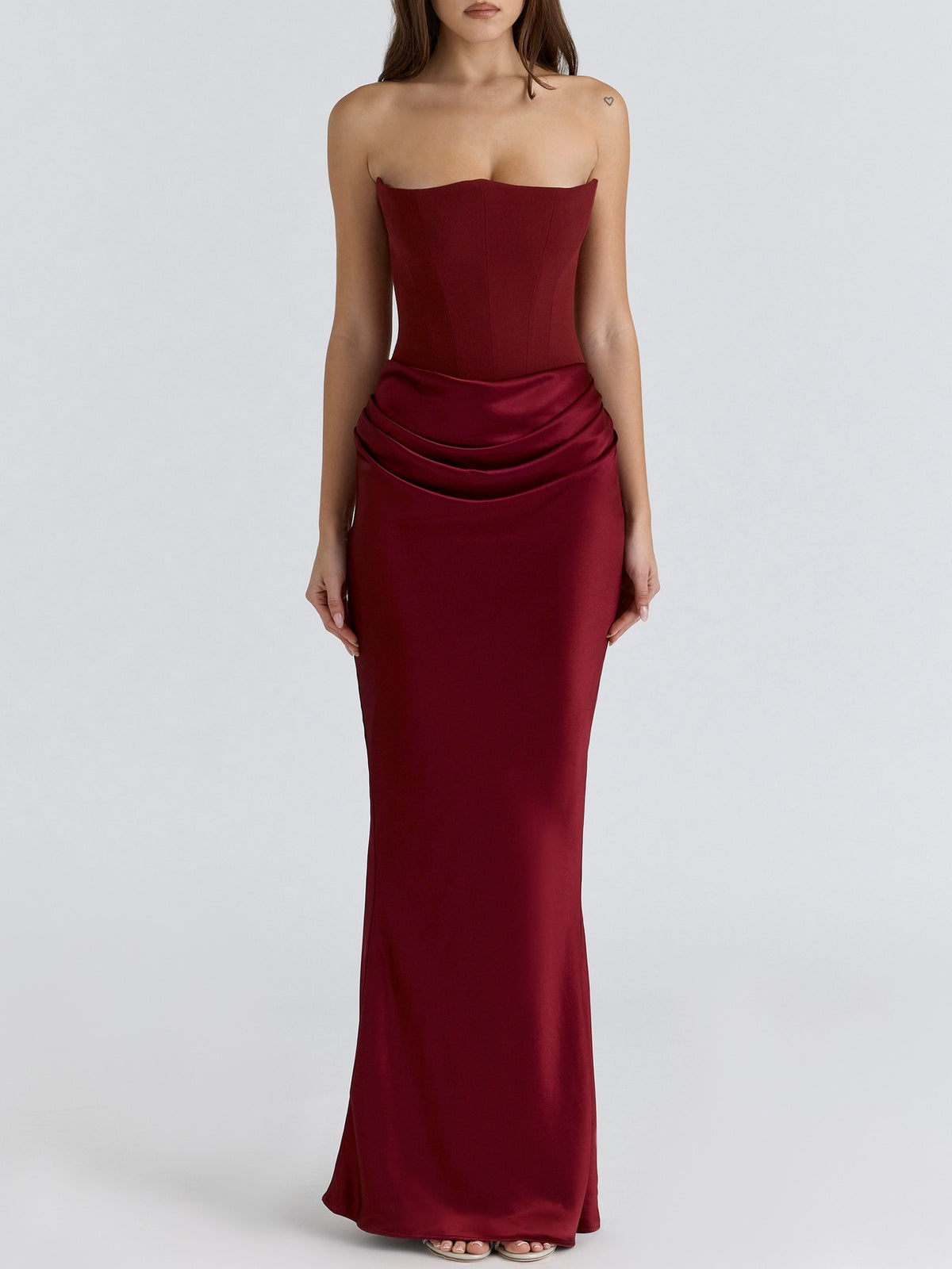 Satin Belted Strapless Off-the-shoulder Fishbone Pleated Long Bodycon Dress
