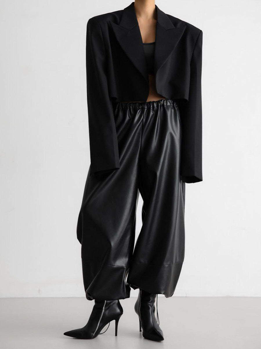 Drawstring Ankle Lantern Pants Loose Leather Pants PU Leather Trousers