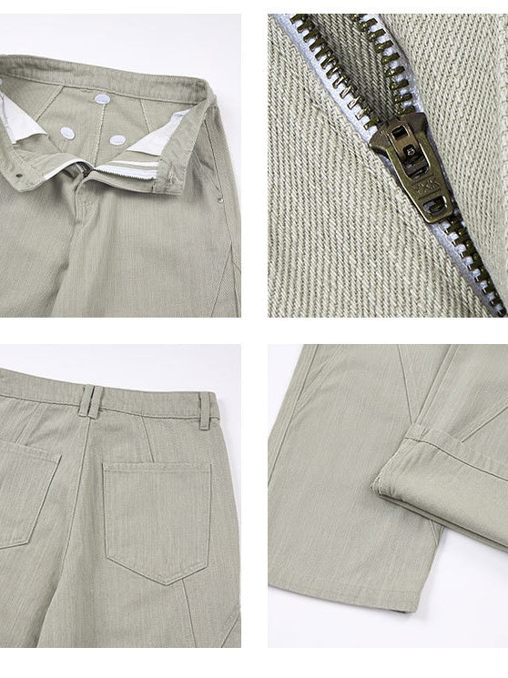 Slub-Weave Color-Block Washed Straight-Leg Pants