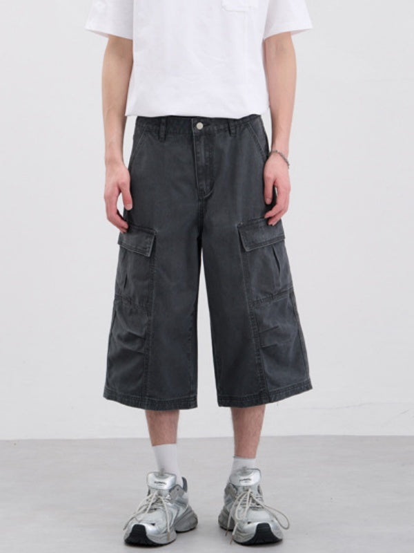 Washed Pleated Multiple Pockets Tooling Baggy 7 Points Shorts