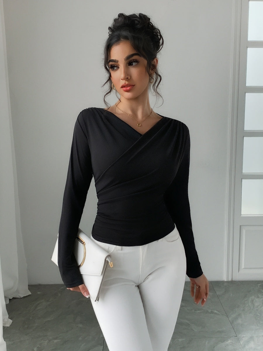T-shirts à épaules dénudées, col en V, manches longues, plis croisés, coupe ajustée, parfaits pour tous les jours