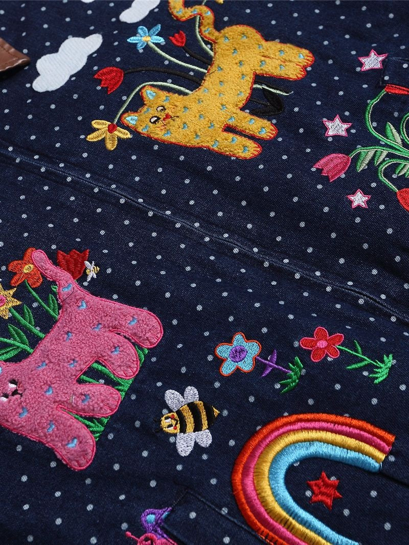 Retro Colorful Cat Polka Dots Splicing Lapel Thickening Jackets