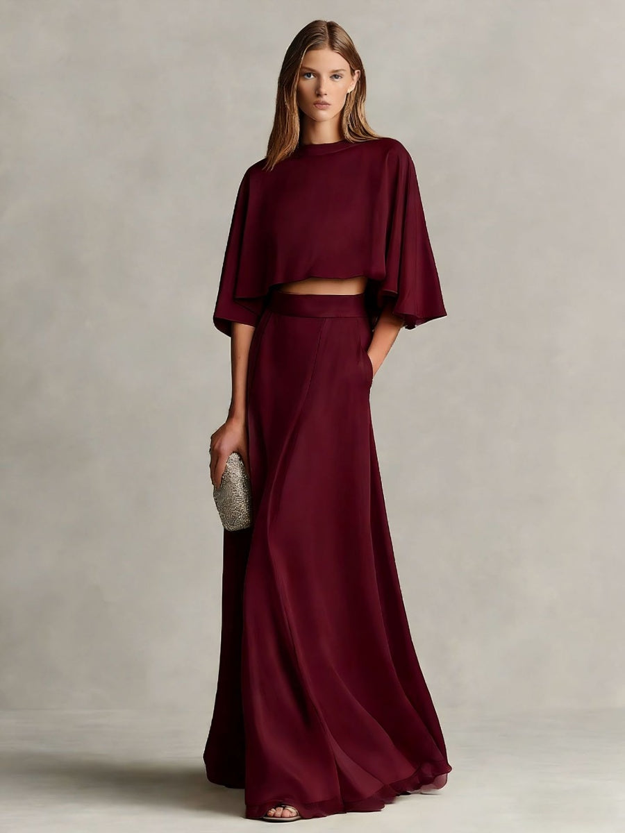 Satin Shawl-Sleeve Long Dress Two-Piece Set