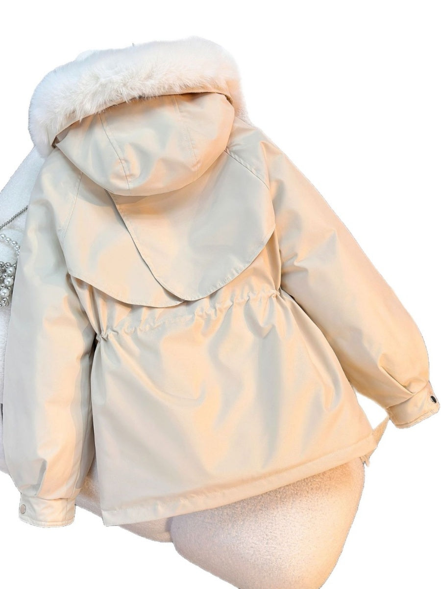 Parka With Fur Collar Drawstring Waist Pocket Casual Cotton-padded Jackets/down Jackets
