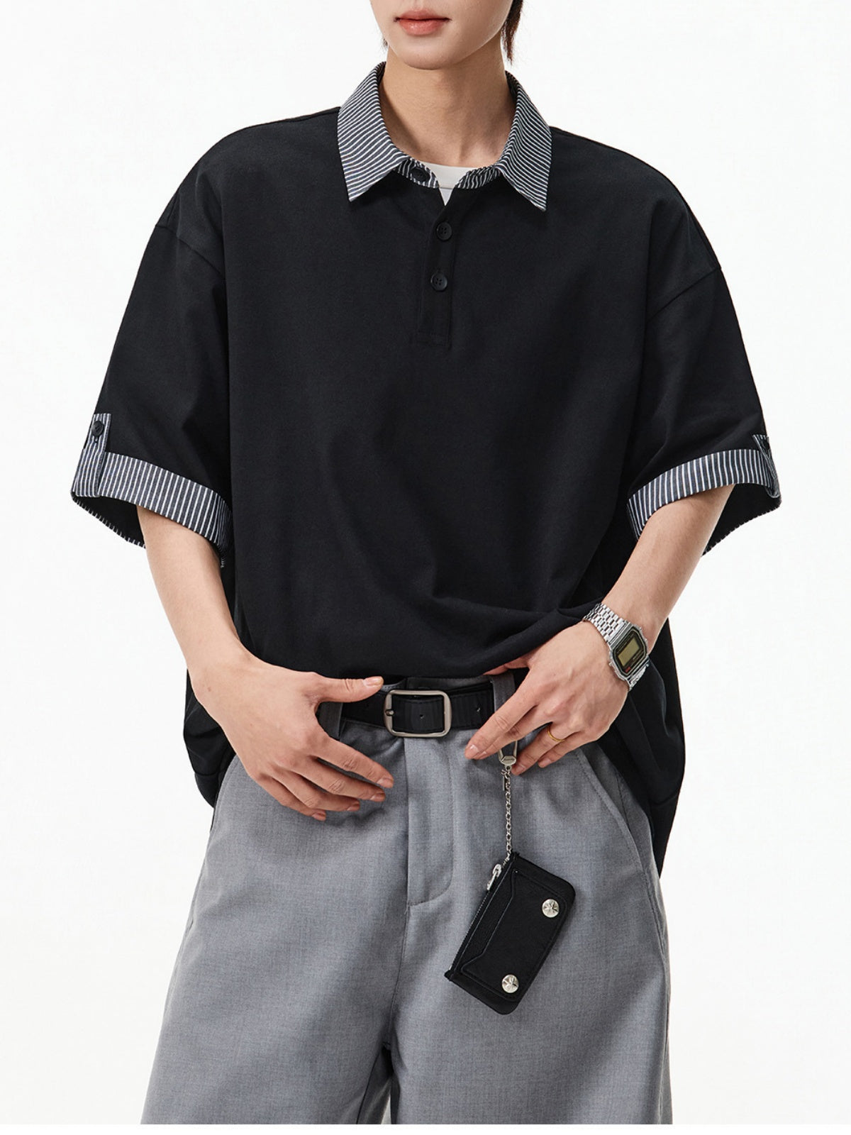 Color-blocked Layered-look Stripes Patchwork Polo Shirt