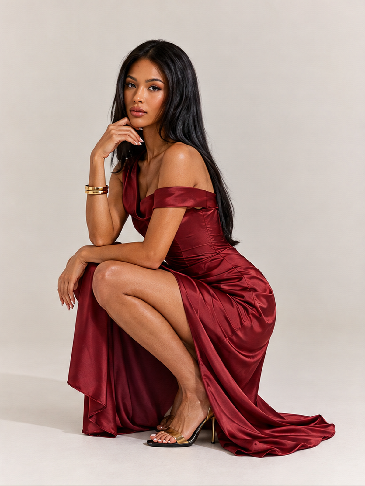 Asymmetrical Satin Shoulder Design With A Cinched Waist Solid Color Maxi Dresses