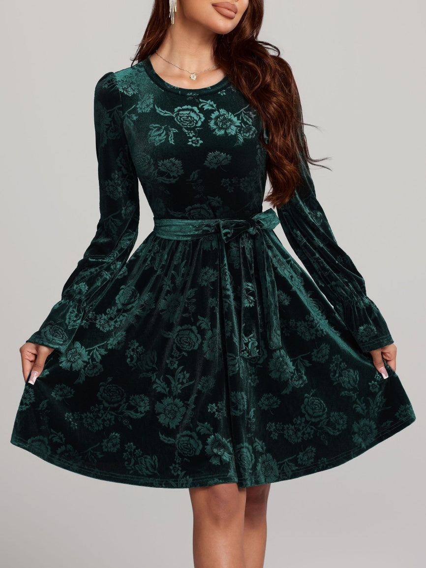 Round Neck Velvet Crew Neck Lace-up Short Dress