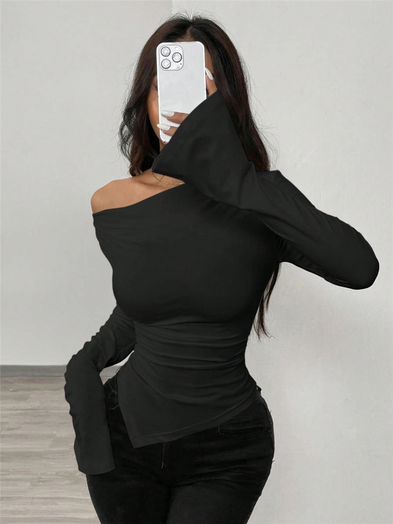 V-neck, Off-shoulder, Two-way Design, Slim Fit, Pleated, Irregular Long-sleeved T-shirt