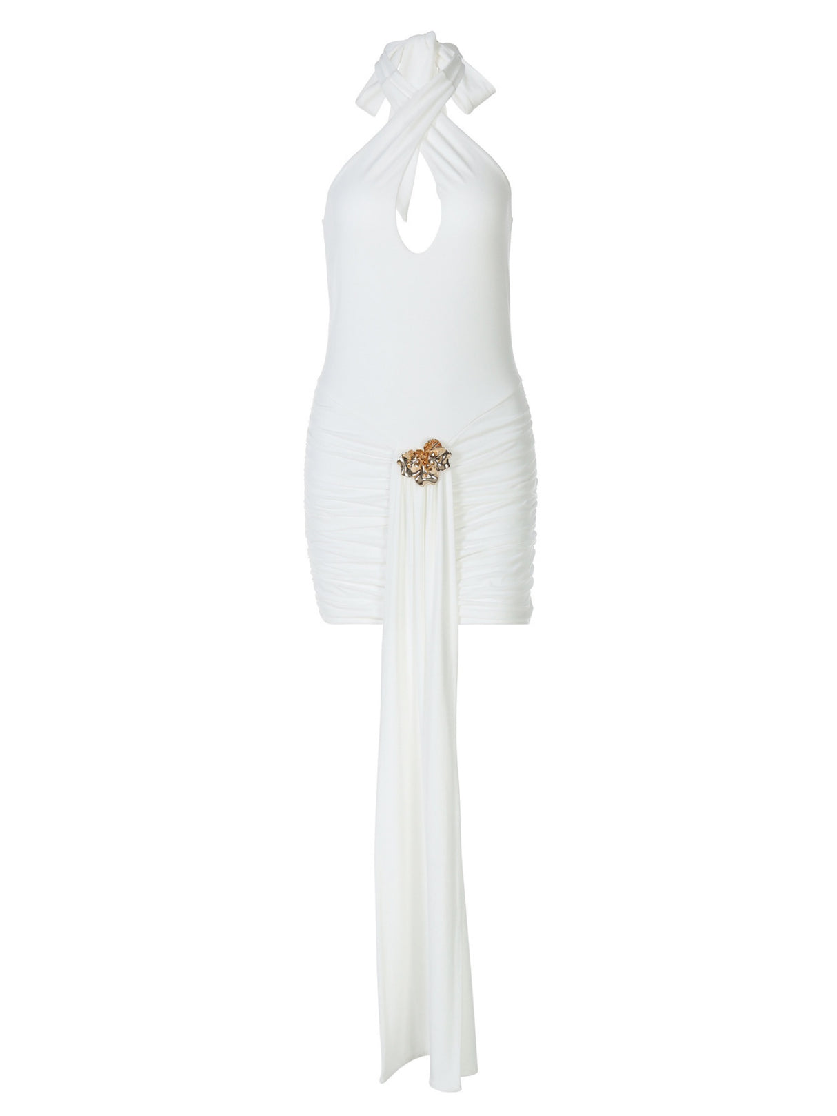 Metal Decoration Halter Neck Deep V Cross Straps Exposed Backpack Buttocks Pleated Mini&Short Dresses