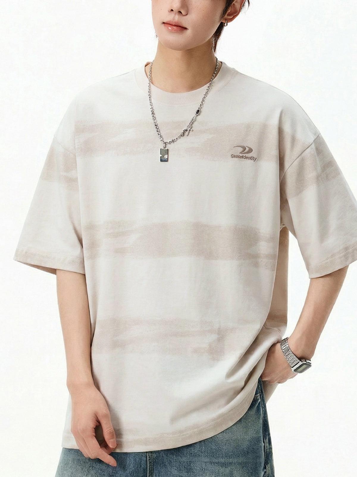 Imitation Tie-dye Stripes Pure Embroidery T-shirts