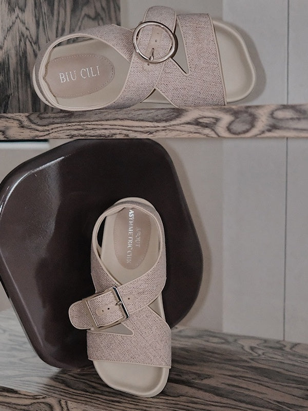 BIUCILI Mutual Performance Original Asymmetrical Design Old Qian Resort Style Square Toe Woven Basic Women's Sandals