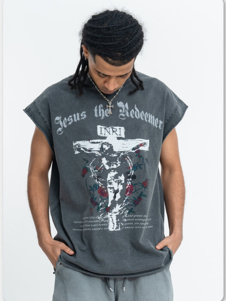Washed Distressed God Printed Tank Tops
