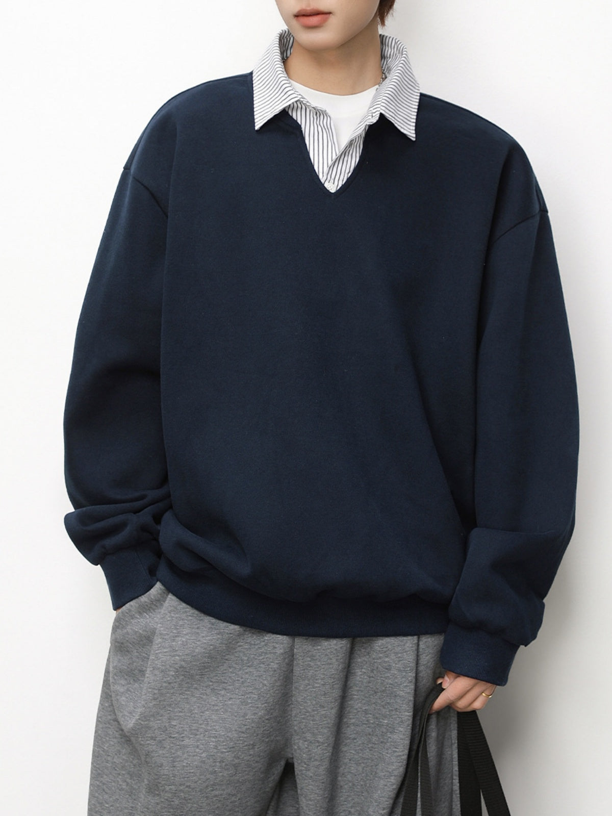 Layered-look Vertical Stripe Shirt Collar Polo