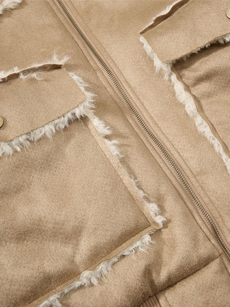 Letter Embroidery Suede Plush Collared Jacket